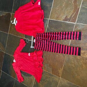 Ruffle Girl Set, Long & Short Sleeved Red Shirts, Long Red & Black Striped Pants